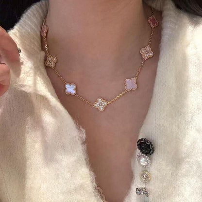 [Luna Brilliance]CLOVER 10 MOTIFS DIAMOND PINK MOP NECKLACE