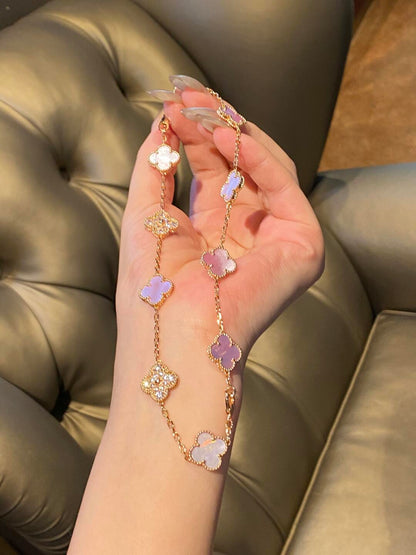 [Luna Brilliance]CLOVER 10 MOTIFS DIAMOND PINK MOP NECKLACE