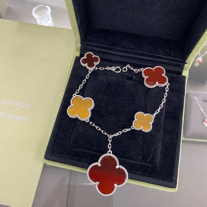 [Luna Brilliance]CLOVER 5 MOTIFS SIVLER CARNELIAN TIGER EYE BRACELET