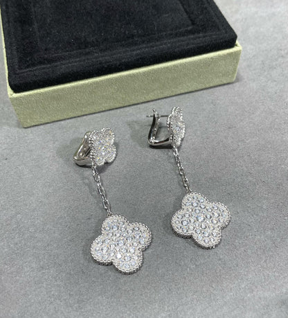 [Luna Brilliance]CLOVER 2 MOTIFS DIAMOND PAVED SILVER EARRINGS