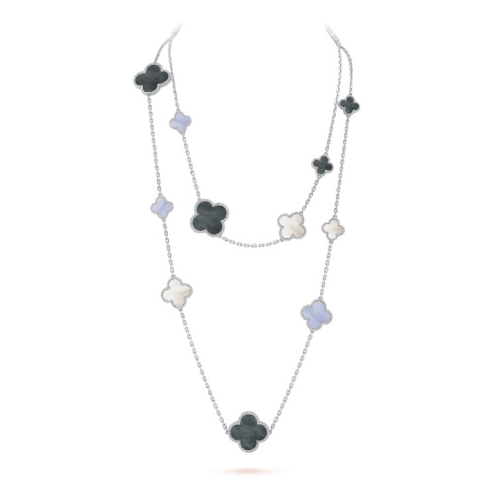 [Luna Brilliance]CLOVER 16 MOTIF CHALCEDONY MOP SILVER NECKLACE