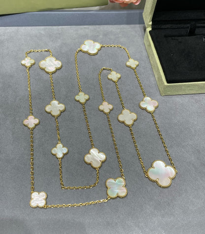 [Luna Brilliance]CLOVER 16 MOTIF WHITE MOP GOLD NECKLACE