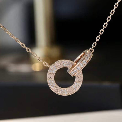 [Luna Brilliance]LOVE 7.6MM NECKLACE ROSE GOLD AND SILVER  FULL DIAMOND