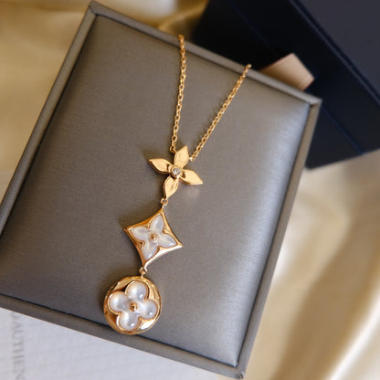 [Luna Brilliance]COLOR BLOSSOM LARIAT NECKLACE PINK GOLD WHITE MOTHER PEARL AND DIAMOND
