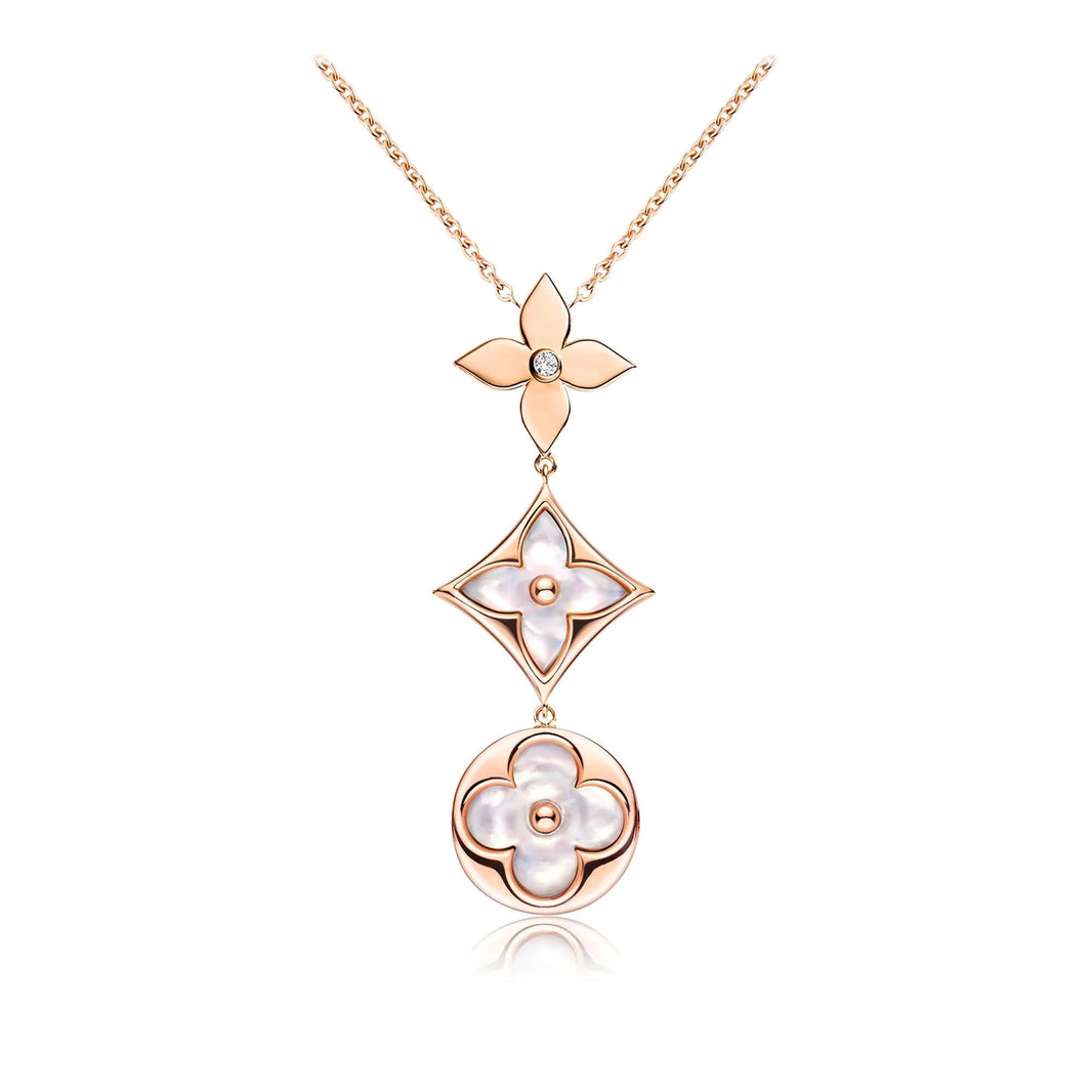 [Luna Brilliance]COLOR BLOSSOM LARIAT NECKLACE PINK GOLD WHITE MOTHER PEARL AND DIAMOND